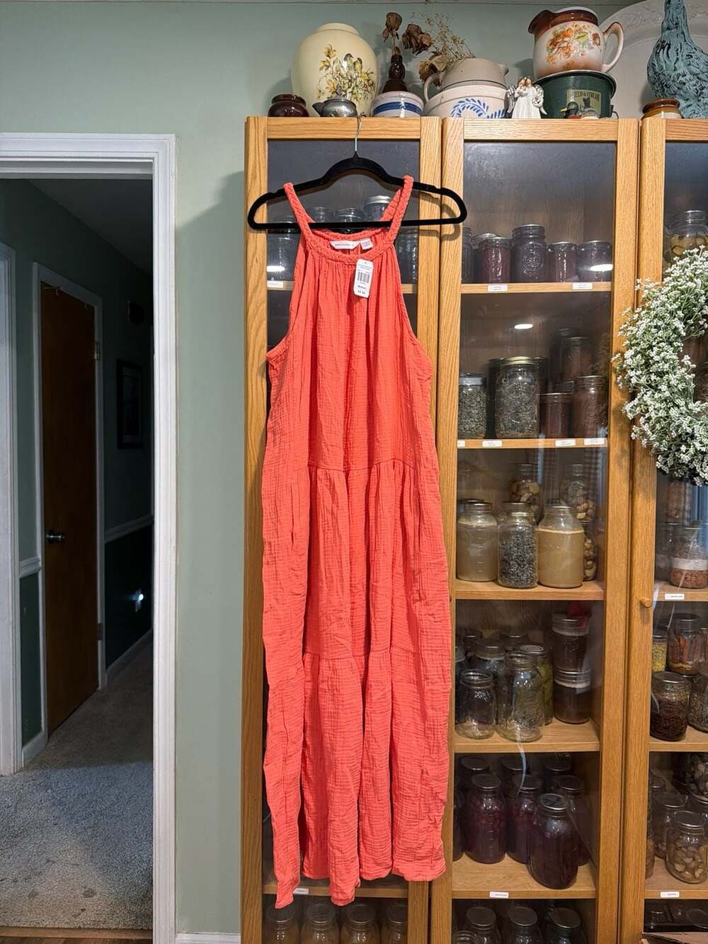 King Universal Coral Cotton Gauze Halter Tiered Maxi Dress with Pockets